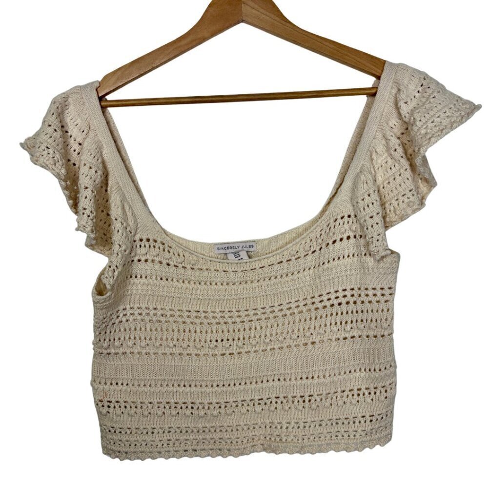 Sincerely Jules Medium Cream Crocheted Ruffle Sleeve Tank Crop Top